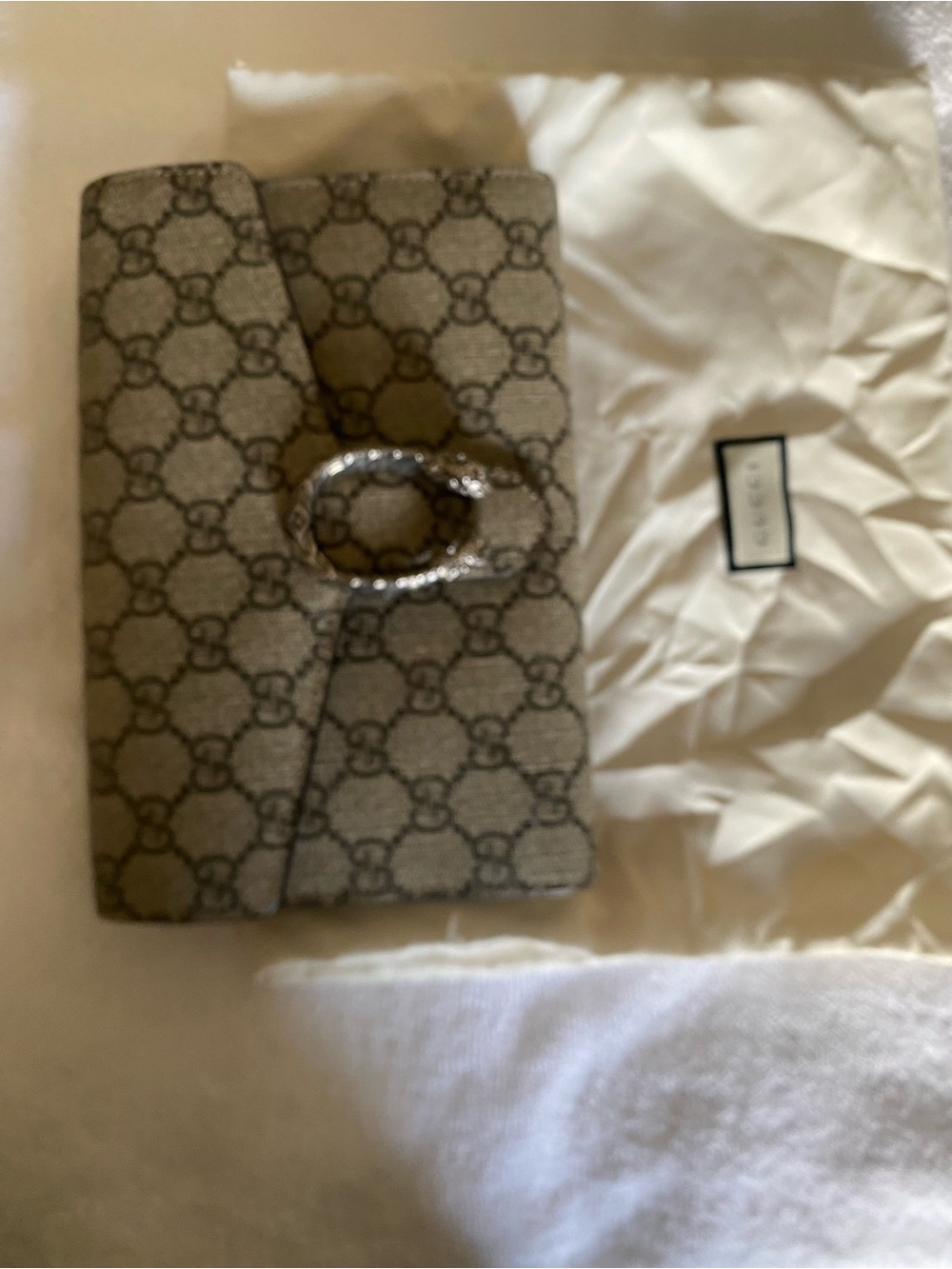 Gucci Beige Brown GG Supreme Canvas Wallet with Silver-Tone Tiger Head